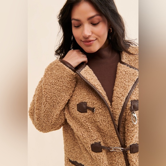 Avec Les Filles Faux Fur Toggle Coat Sherpa Shearling Brown - Picture 6 of 16